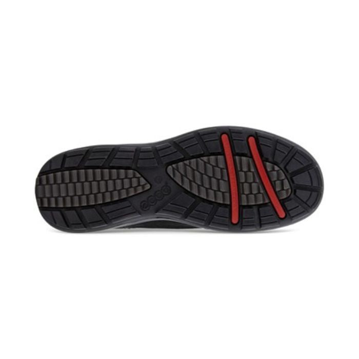 Black rubber outsole with red accents and Ecco logo at arch. 