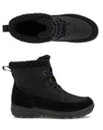  A pair of black suede winter boots with lace closure and fuzzy black cuff and outsole. Ecco "e" logo is displayed on the tongue. 