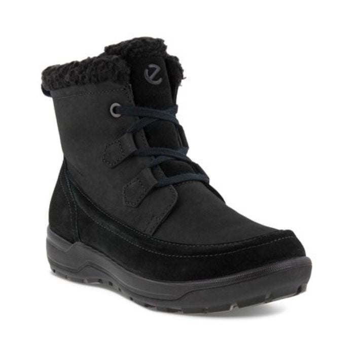 Black suede winter boot with lace closure and fuzzy black cuff and outsole. Ecco "e" logo is displayed on the tongue. 