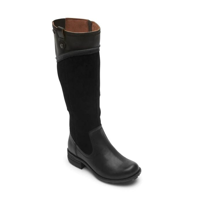 Knee high black leather boot with suede calf. 